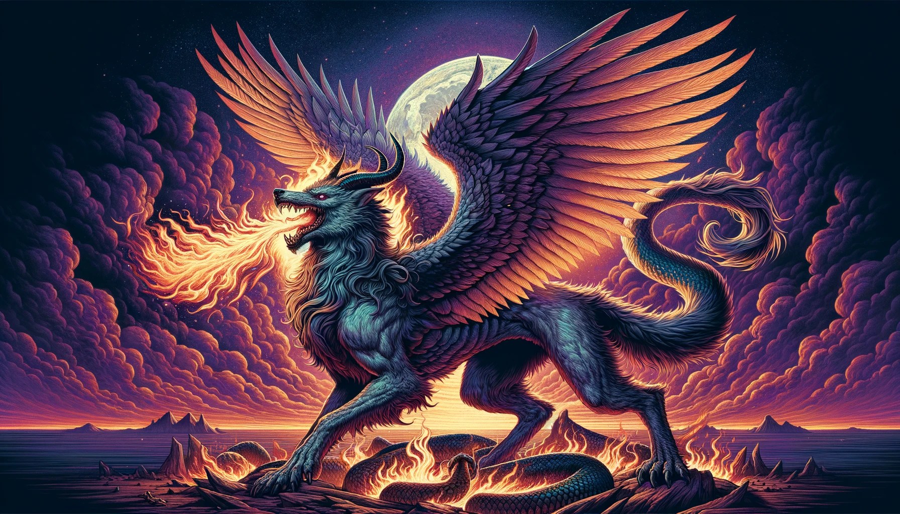 Illustration of the mythological demon Marchosias as a winged, wolf-like creature with a fiery breath, set against a moonlit, cloud-filled sky.