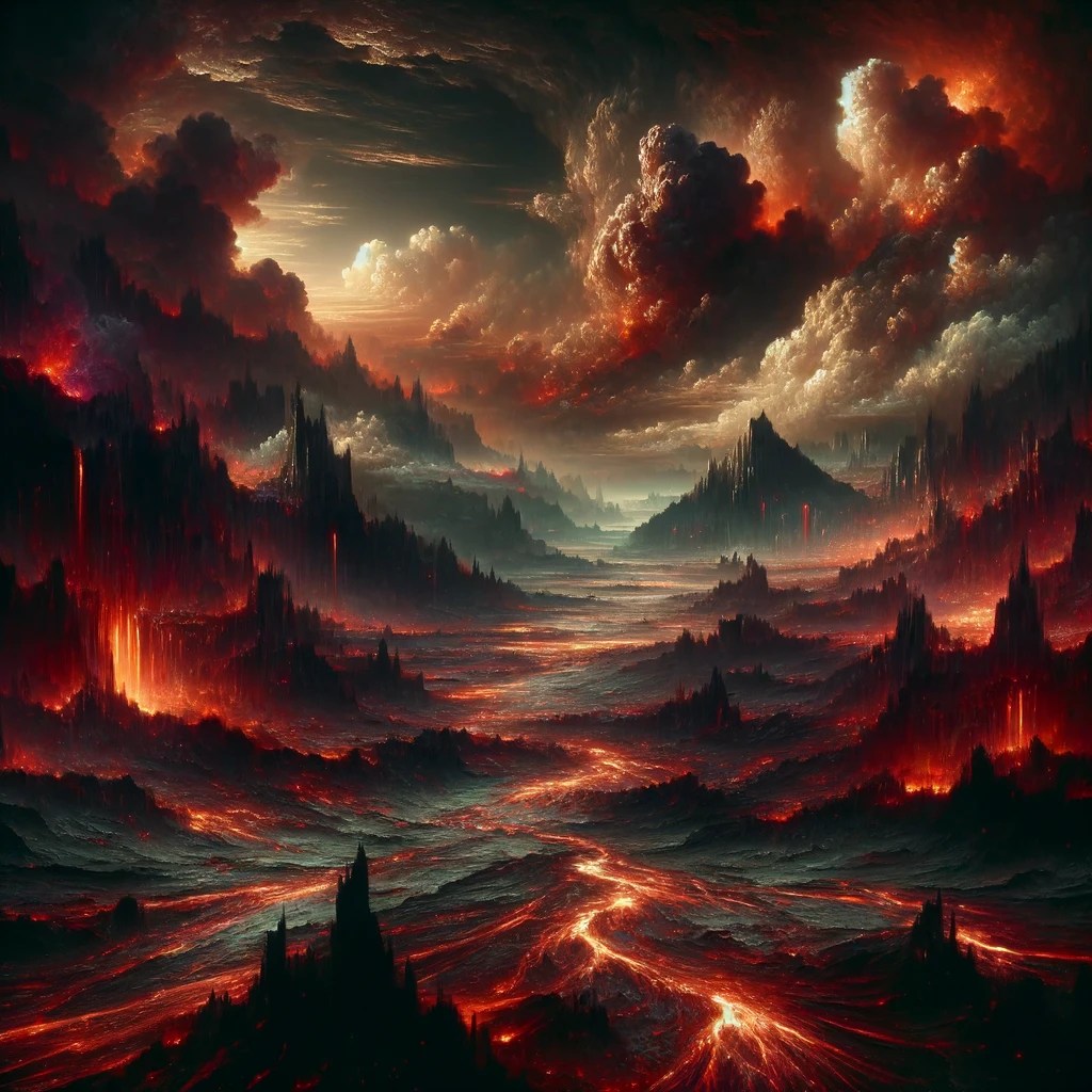 The scene is imbued with the quintessential characteristics of a blazing inferno, showcasing the wild and unbridled force of a primal and ever-changing landscape.