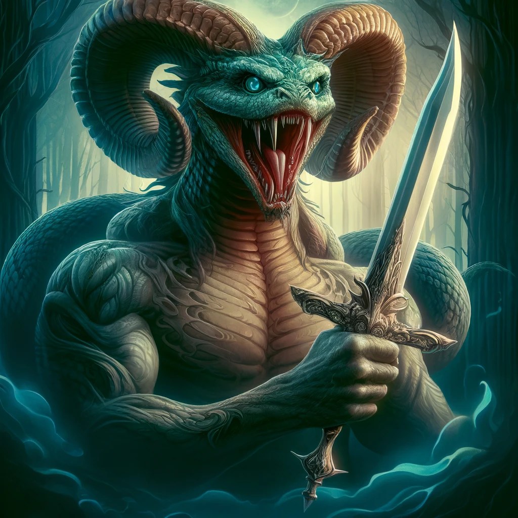 A demon named Botis with the head of a viper and a humanoid body with horns, holding a bright sword in a dark, misty forest.