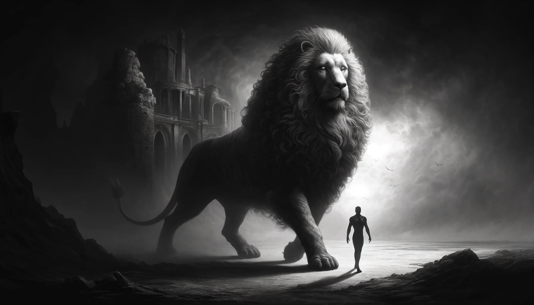Marbas depicted as a large lion in a monochrome misty landscape.