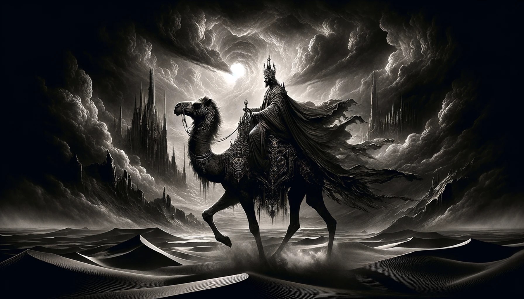 Paimon riding a camel in an otherworldly desert.