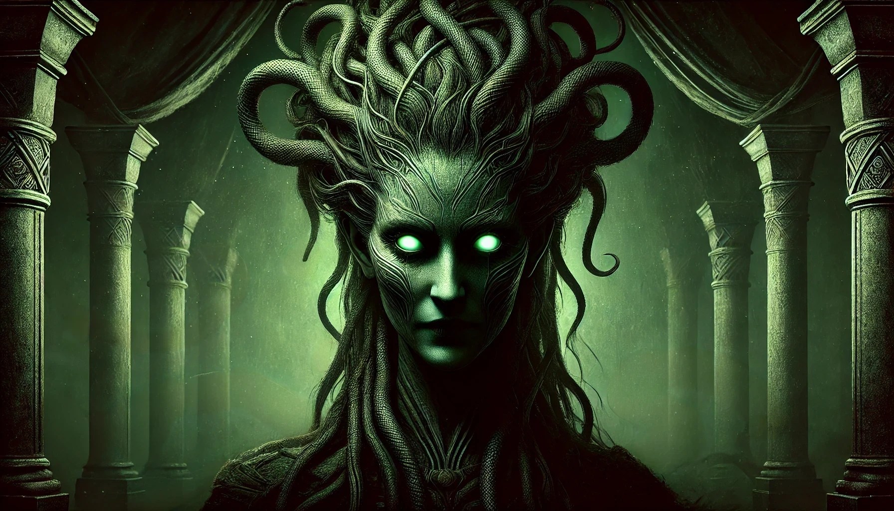 Abyzou depicted with a greenish gleaming face and serpent-like hair in a dark mystical environment.
