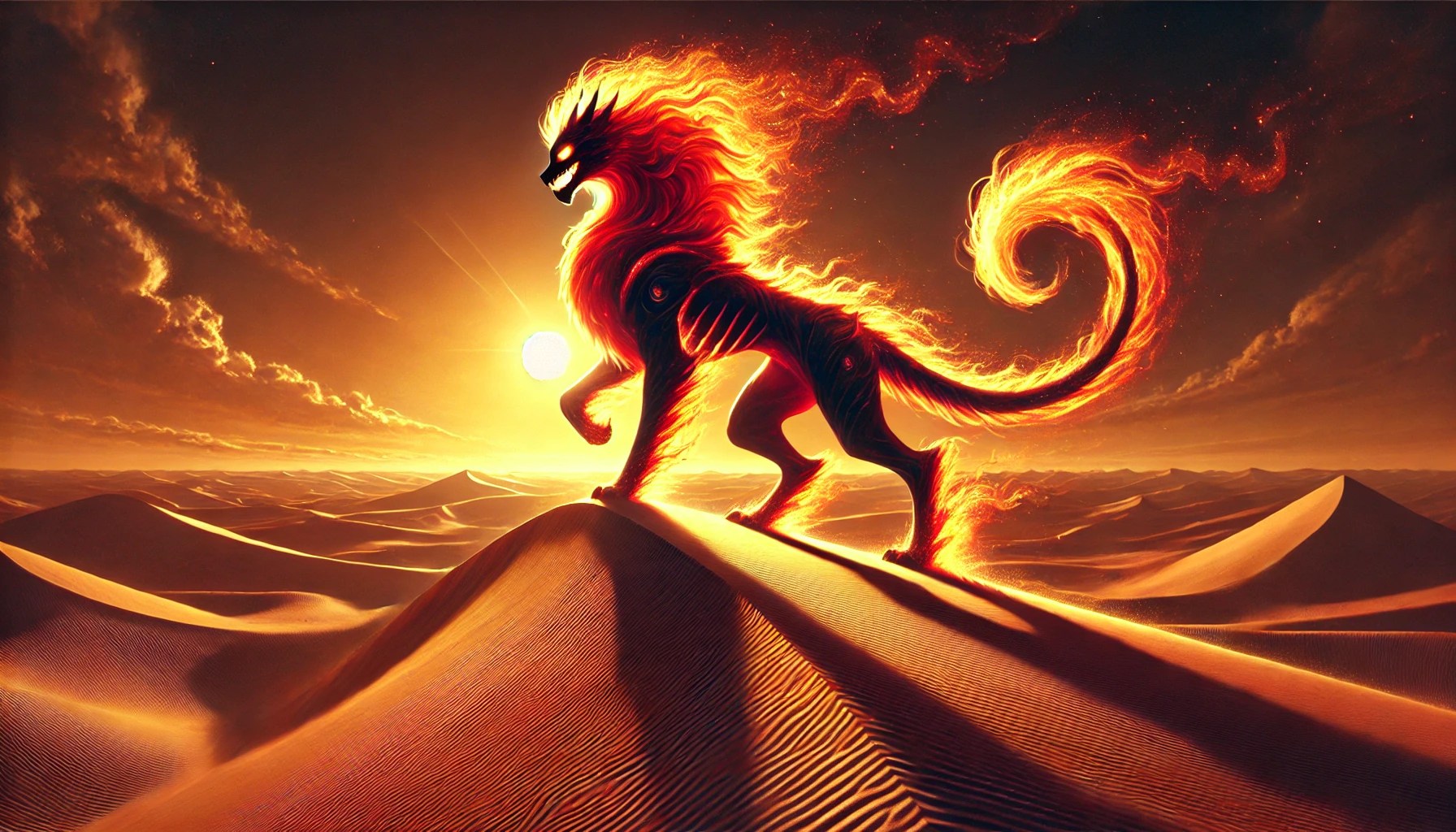 Ifrit standing on a sand dune at sunset, surrounded by fiery aura.