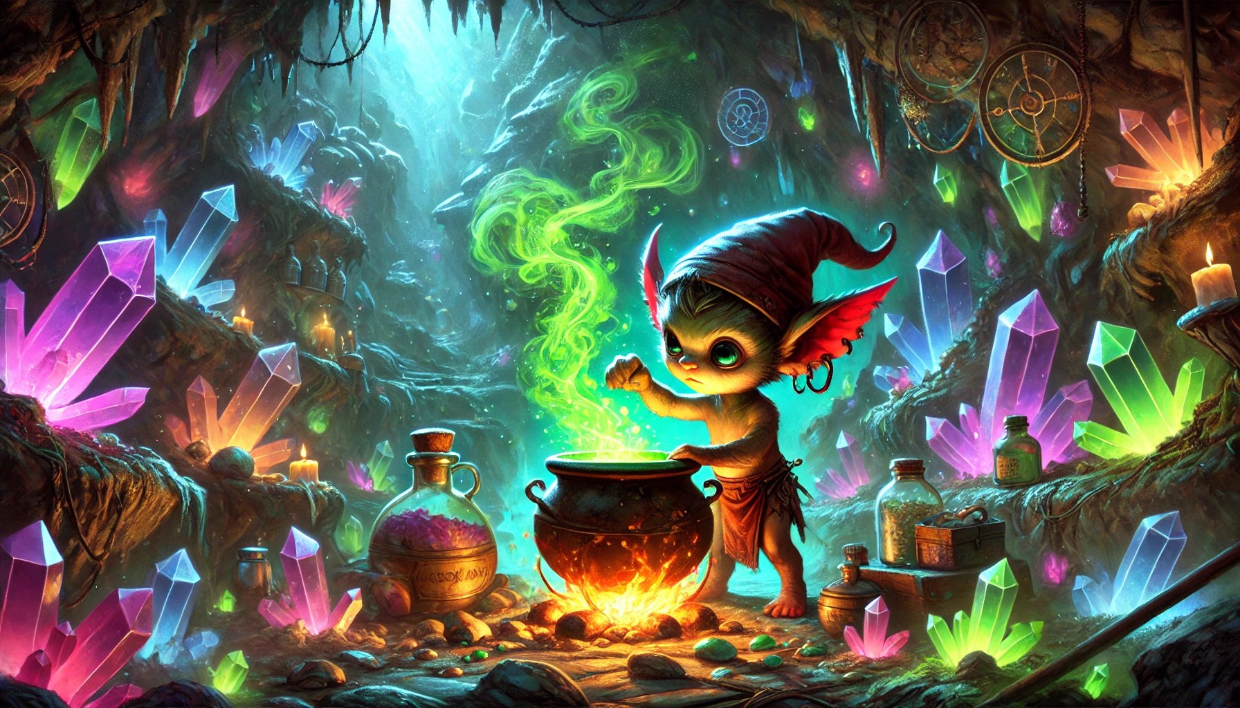 Imp mixing ingredients in a cauldron in a crystal-adorned cave.