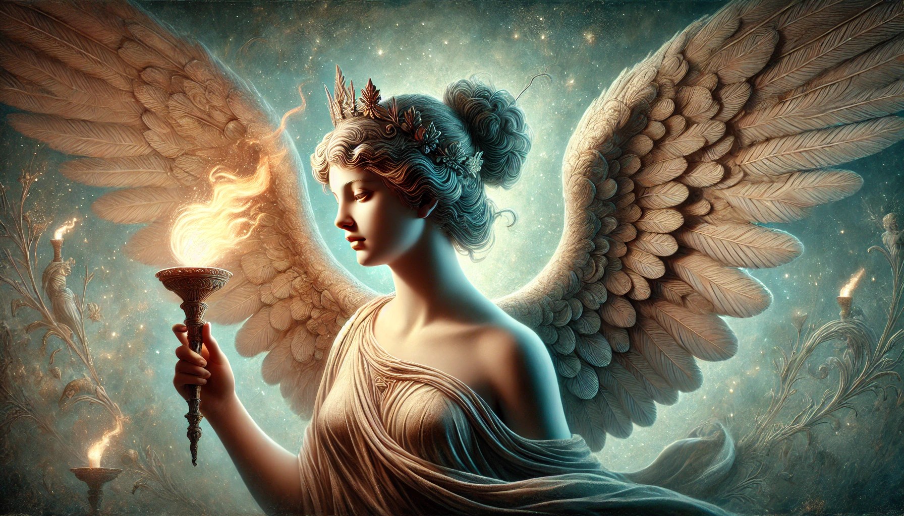 Vanth with wide wings and a torch, guiding souls through a mystical landscape.