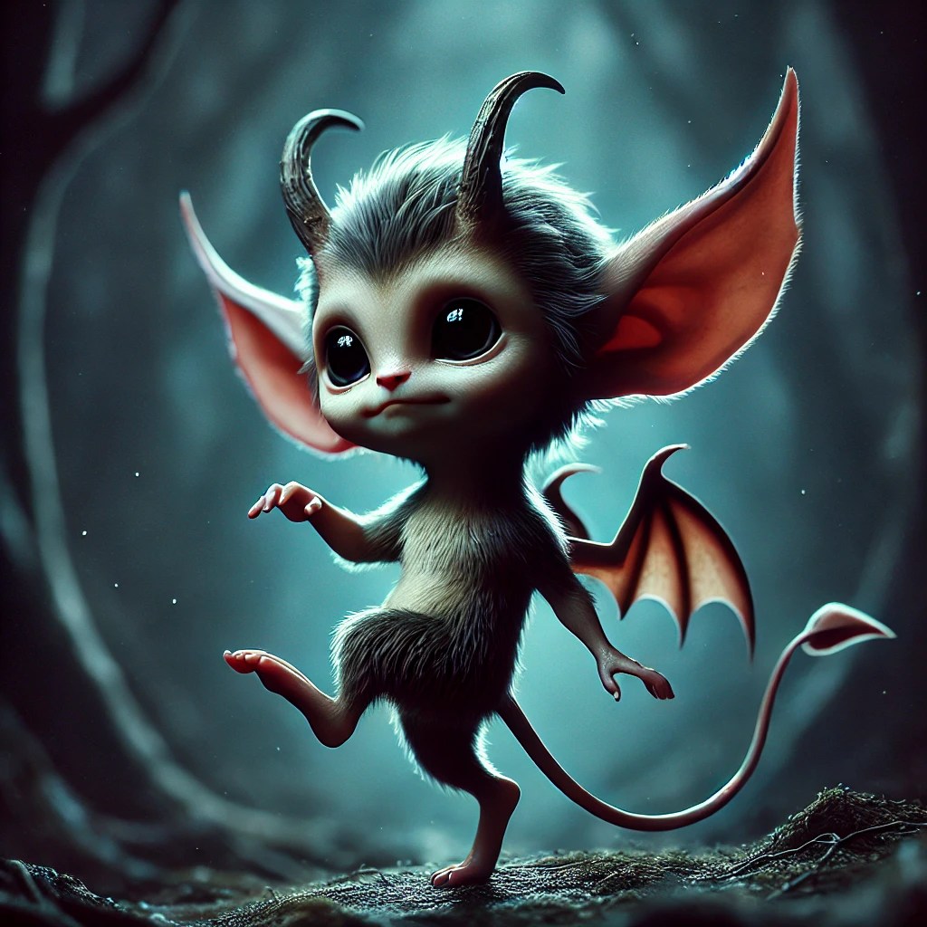 Small and agile imp with pointed ears and playful eyes in a mystical forest.