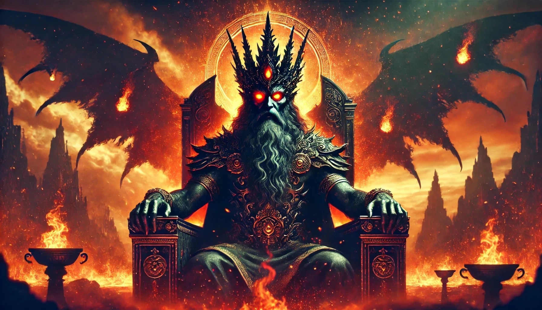 Amaymon seated on a throne in a fiery landscape.
