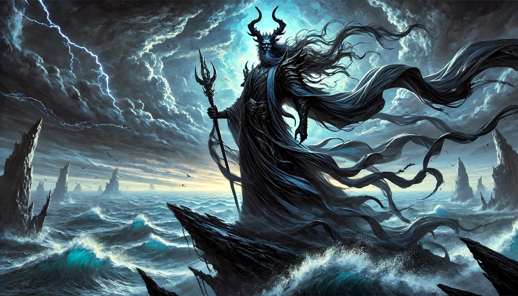 Corson stands majestically on a cliff overlooking a stormy sea at dusk.