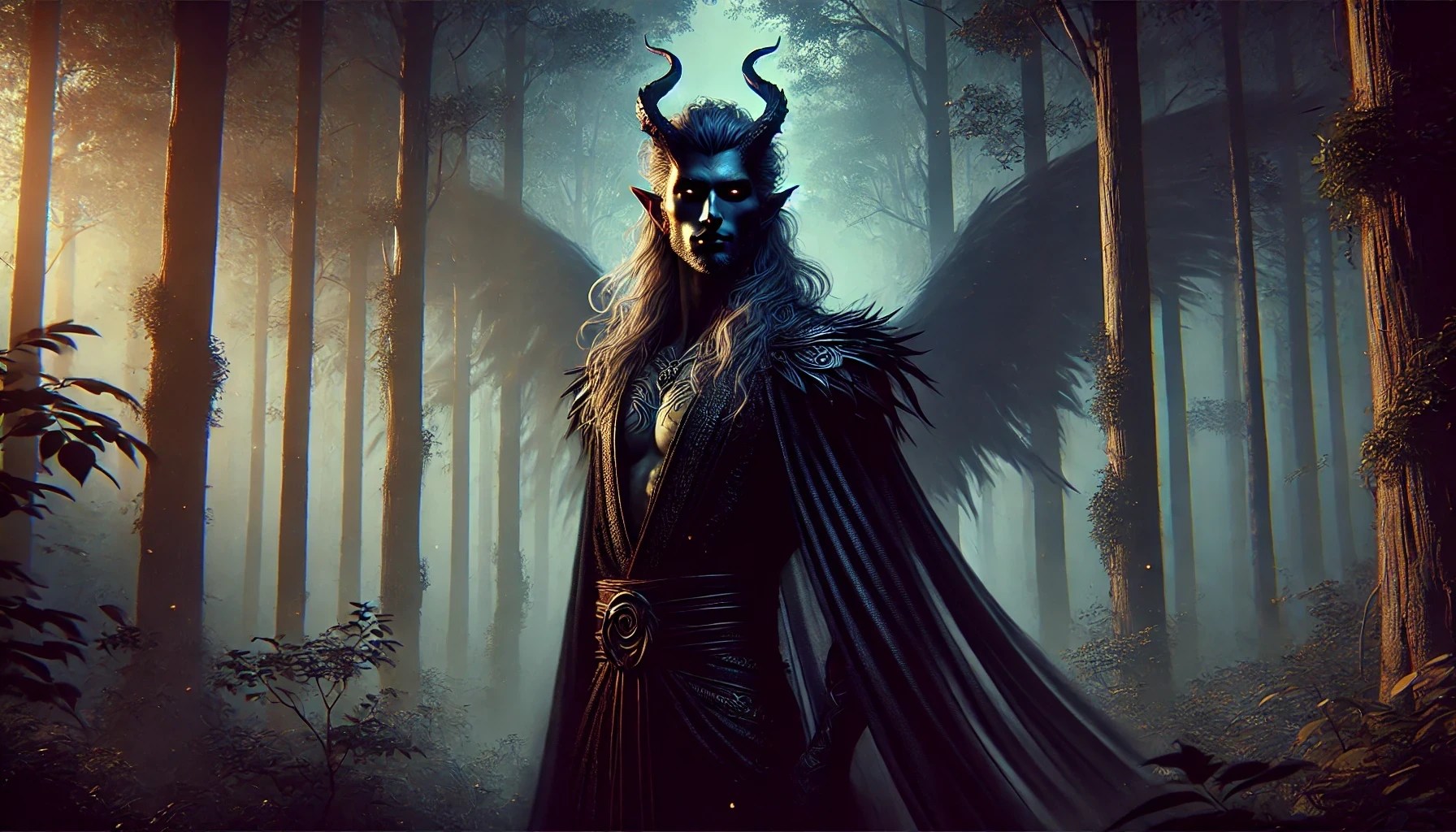 Amaymon in a mystical forest at twilight.