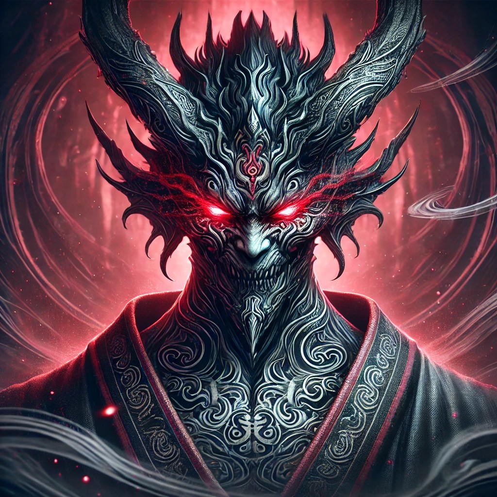 Akuma, a fearsome Japanese demon with glowing red eyes and intricate dark markings, surrounded by swirling mist and a crimson glow.