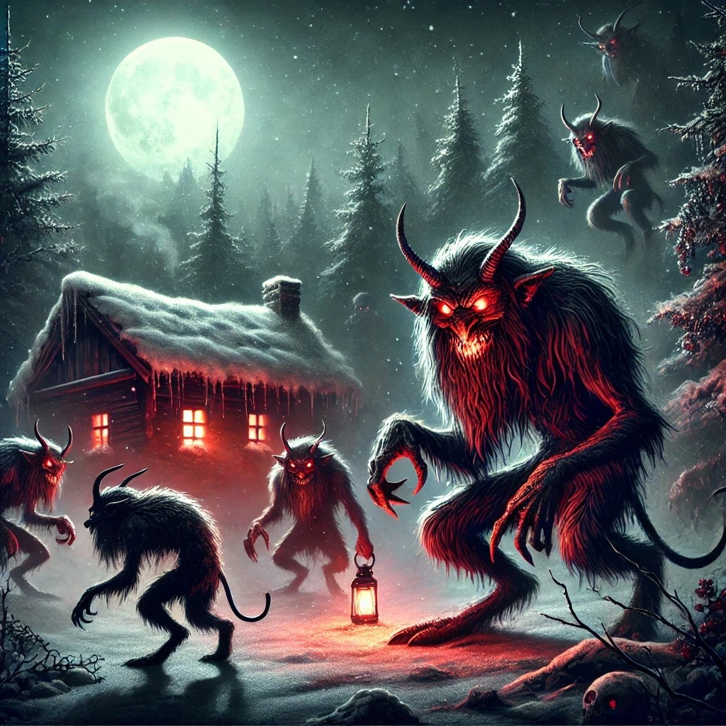 Kallikantzaros Christmas goblins in a snowy forest