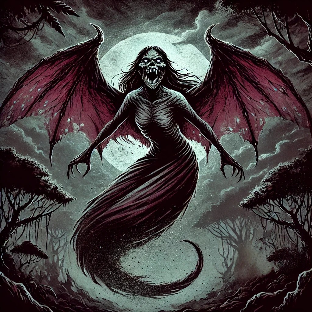 Manananggal with bat-like wings in eerie night sky.