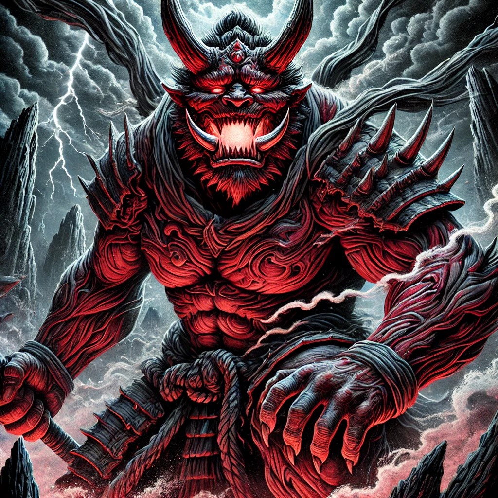 Oni demon with red skin and horns in stormy landscape.