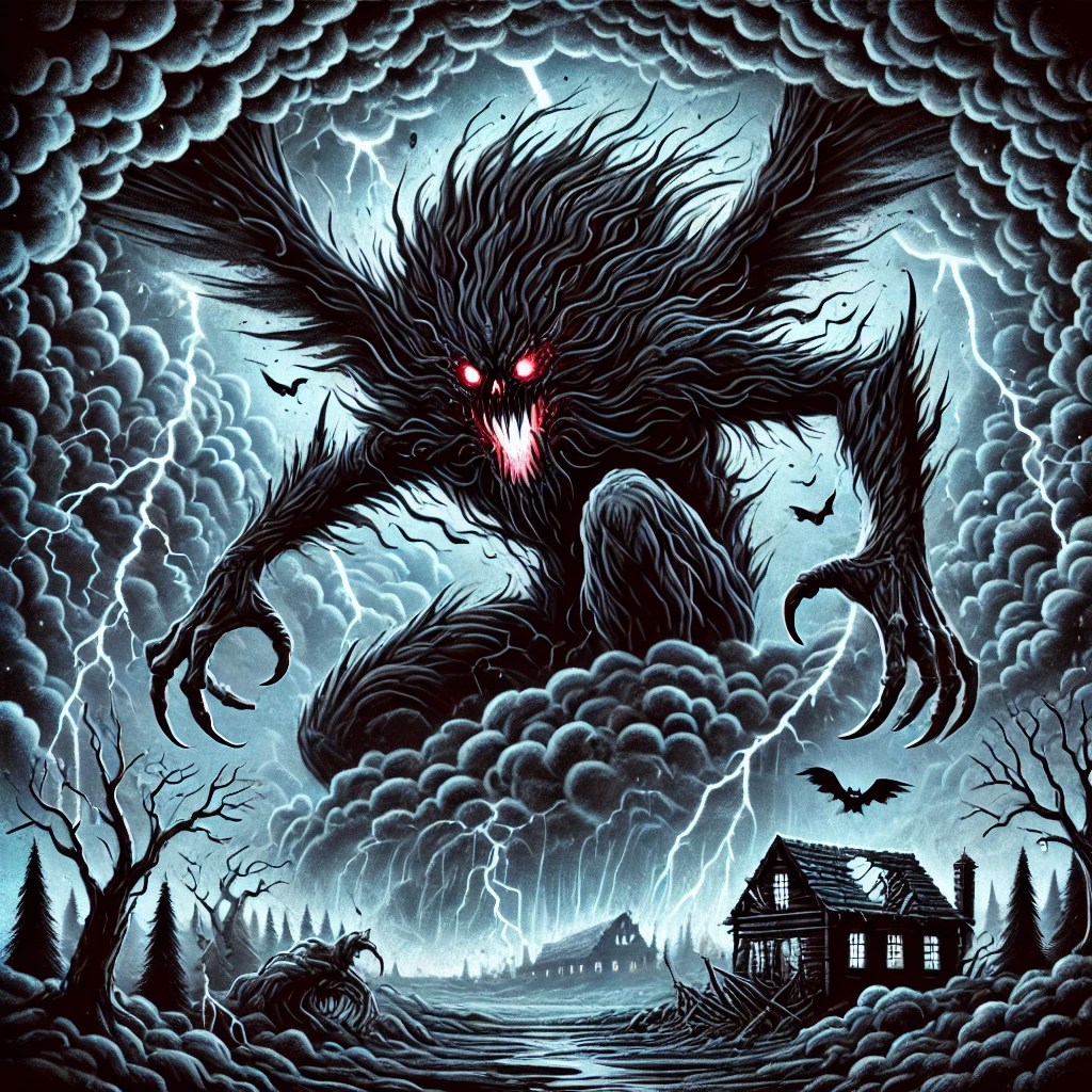 Ala, the storm-bringing demon with glowing red eyes over a ruined village.