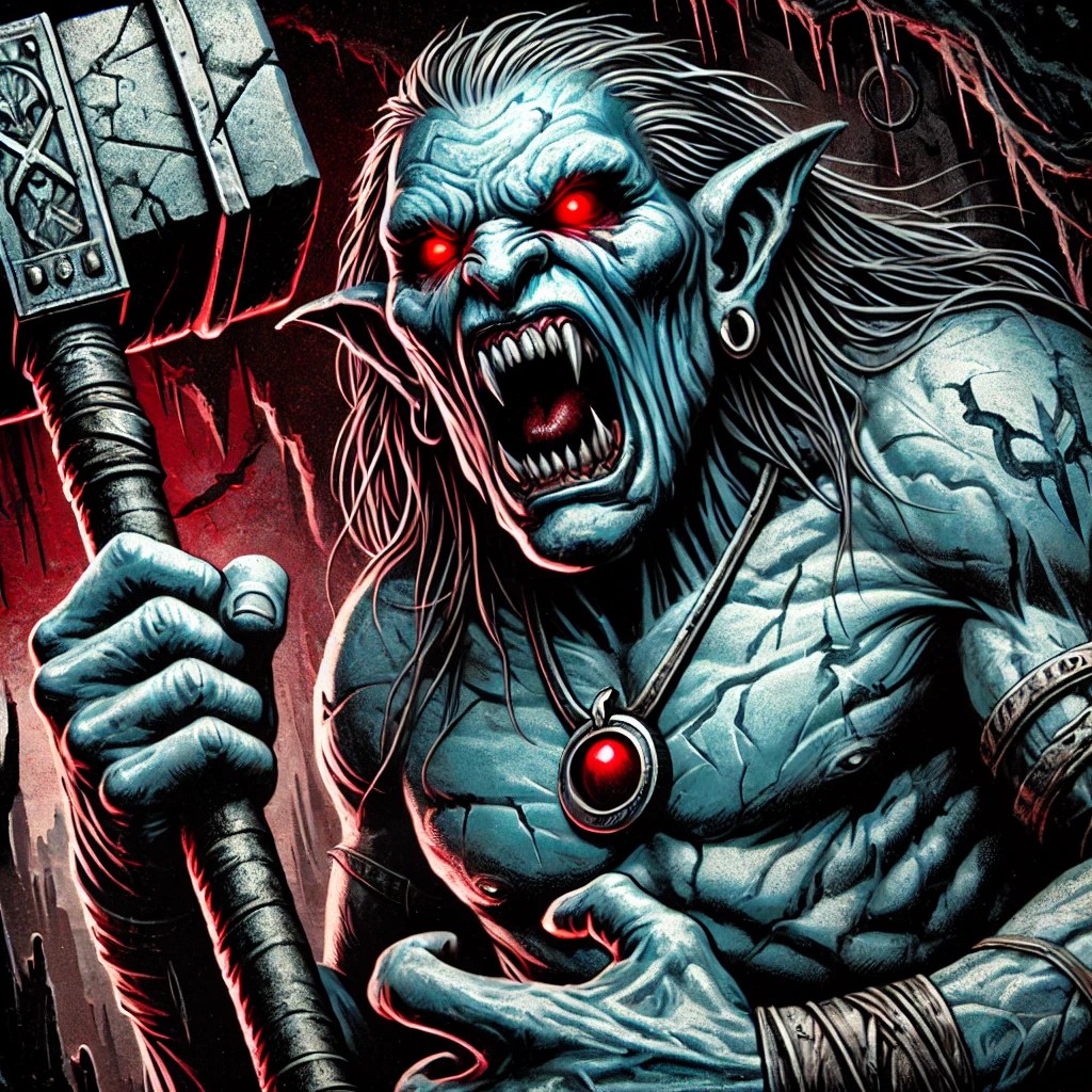 Charun, the Etruscan underworld guardian with blue-gray skin and a hammer.