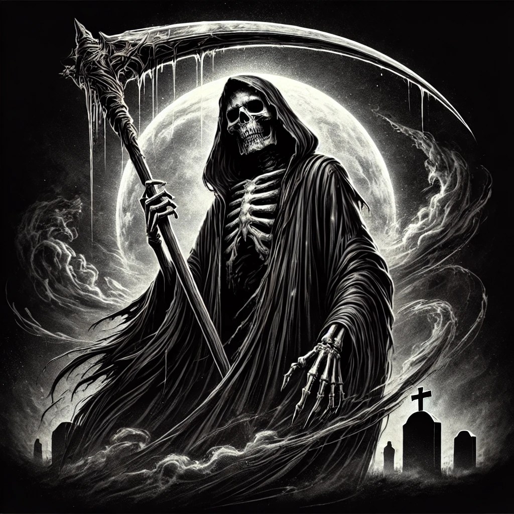 The Grim Reaper, a hooded skeletal figure with a scythe in a foggy graveyard.
