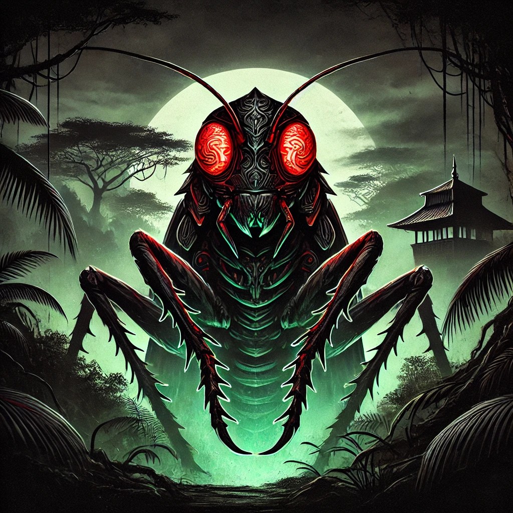 Pelesit, a sinister grasshopper with glowing red eyes in a dark jungle.