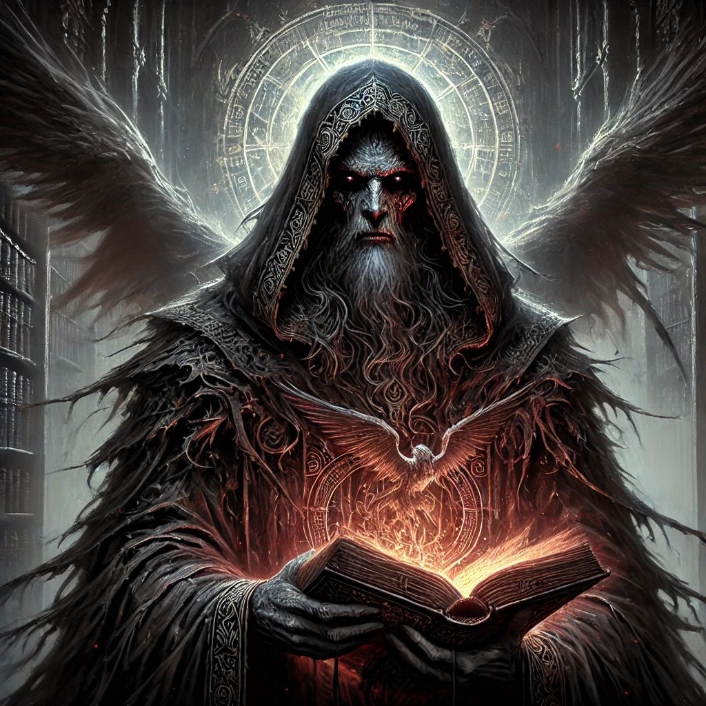 Mysterious depiction of Penemue holding an ancient, glowing manuscript in a dark arcane library.