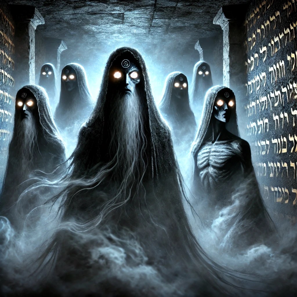 Shedim, shadowy spirits from Jewish mythology, hovering in an ancient temple.