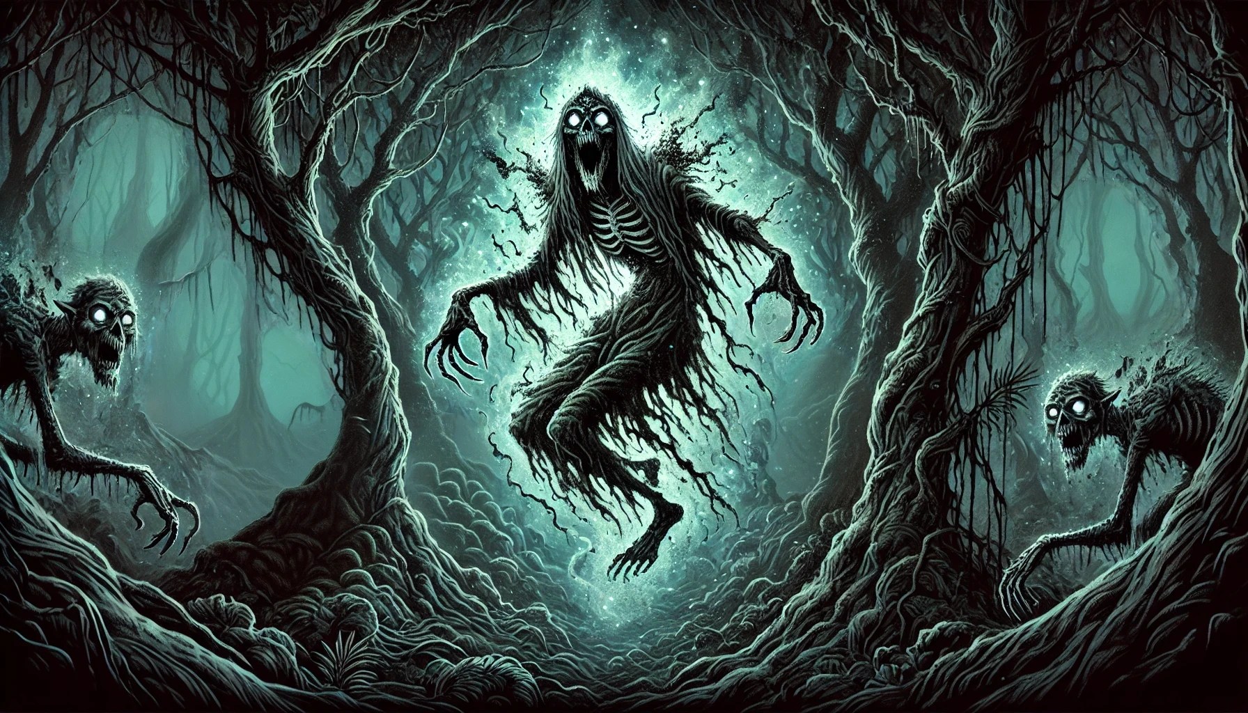 Ghostly depiction of Suanggi, an eerie spirit lurking in the jungle.