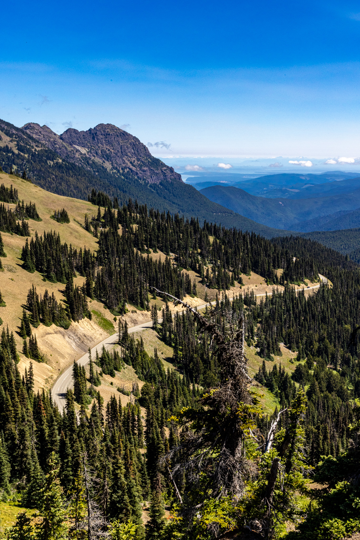 The ridge road descending toward distant blue water