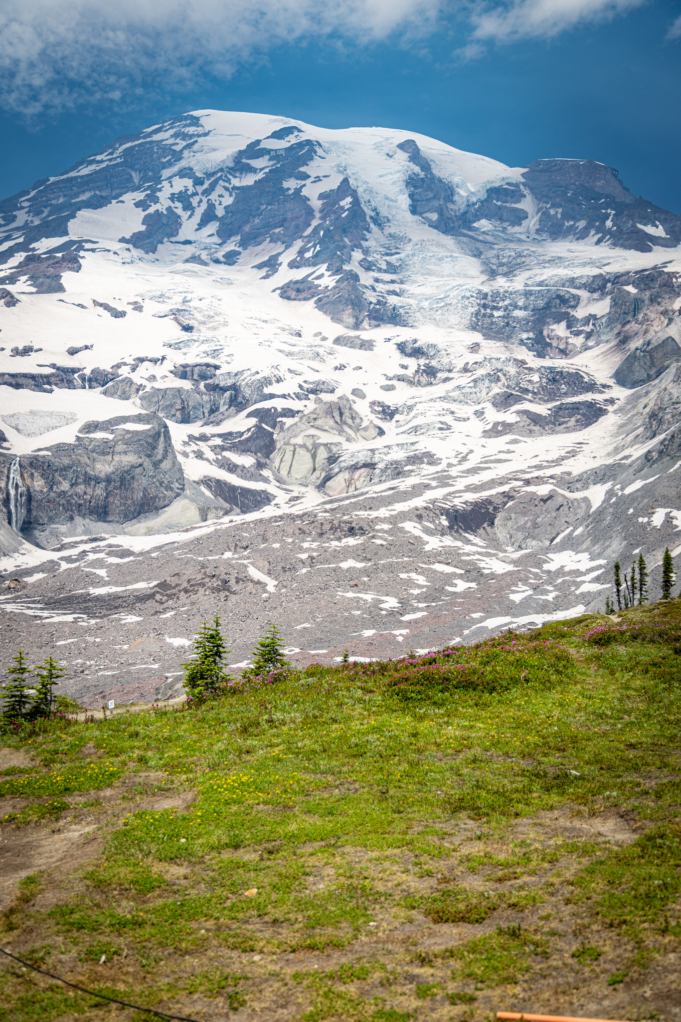Mount Rainier above green meadow and exposed volcanic rock