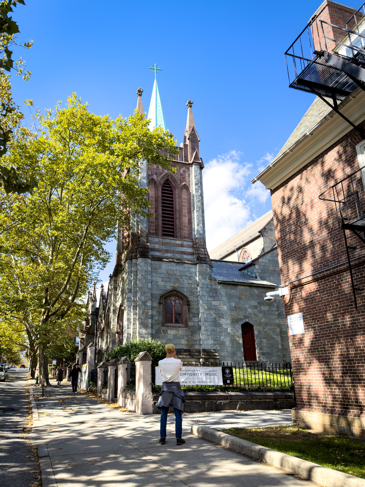 Stone church with a spire near the Brown campus