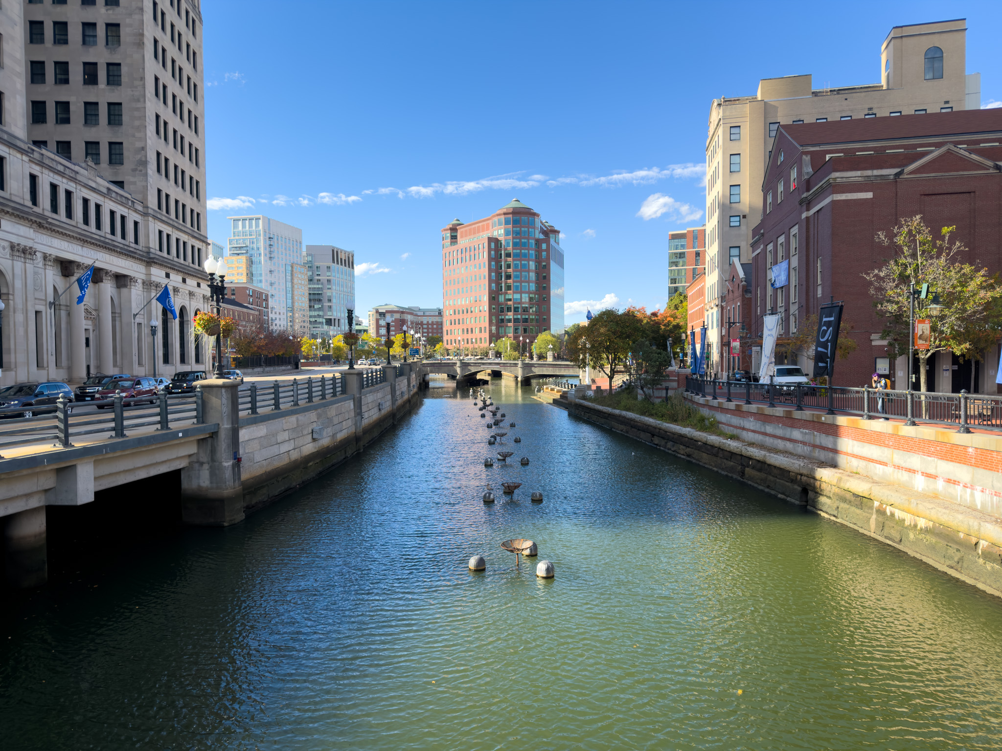 The Providence river walk under a blue sky