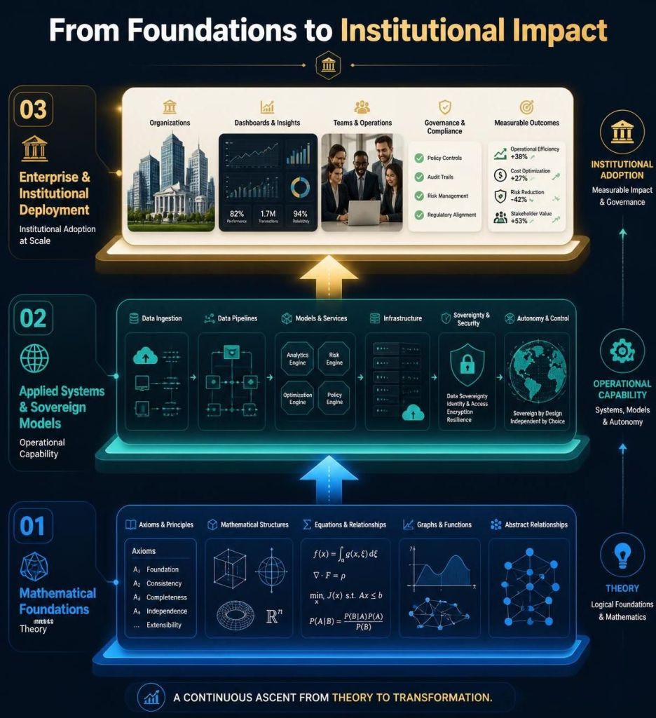 Infographic illustrating the progression from mathematical foundations to institutional impact, highlighting three main components: Enterprise & Institutional Deployment, Applied Systems & Sovereign Models, and Mathematical Foundations, with a focus on data governance, operational capability, and measurable outcomes.
