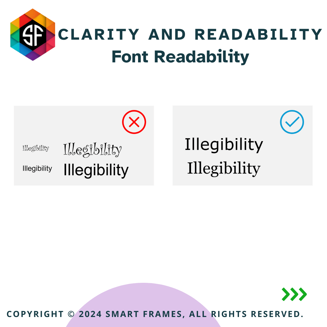 The image compares different font styles to illustrate legibility. On the left side, multiple instances of the word 'Illegibility' are written in various decorative and hard-to-read fonts, marked with a red circle and an 'X' above them, indicating these fonts are not recommended. On the right side, the word 'Illegibility' is written twice in clear, simple, and easy-to-read fonts, marked with a blue circle and a checkmark above them, indicating these fonts are recommended. This highlights the importance of choosing legible fonts for readability.