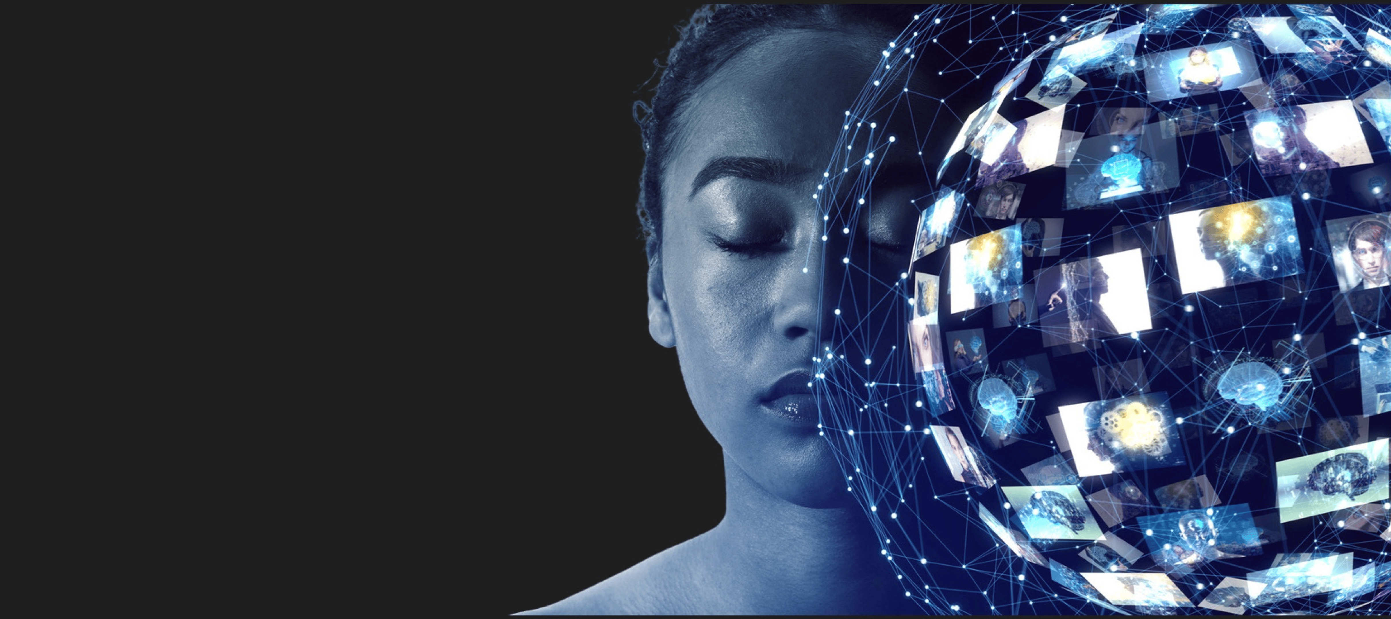 A digital globe composed of interconnected nodes and lines, showcasing images of human brains and silhouettes, symbolizing the concept of cognitive load, information processing, and the impact of technology on mental effort and efficiency.