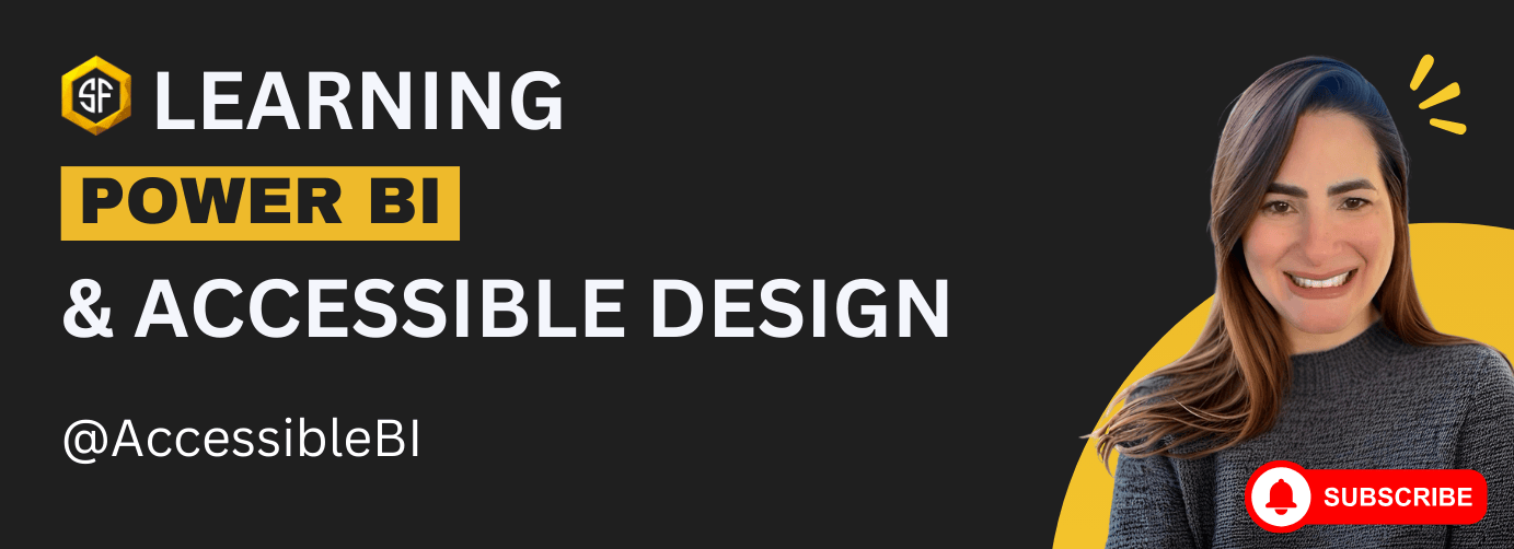 Banner image with a dark background featuring the text 'LEARNING POWER BI & ACCESSIBLE DESIGN' in large white and yellow letters. The text '@AccessibleBI' is displayed below. On the right side, there is a partially obscured image of Juliana Smith with long hair, and a red 'SUBSCRIBE' button with a bell icon is located at the bottom right corner.