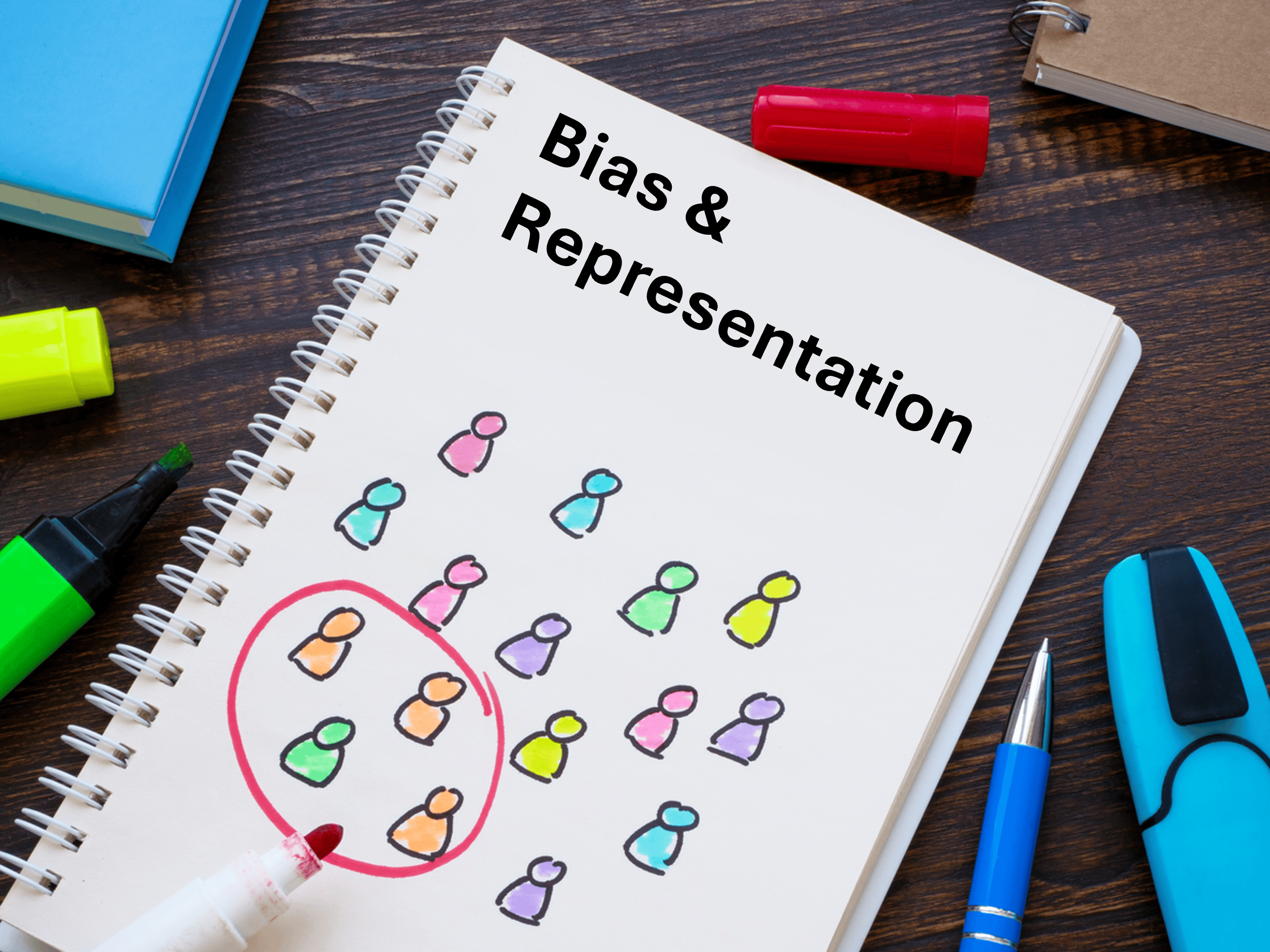 Illustration discussing bias and representation, focusing on how data can be misrepresented or skewed if bias isn't carefully addressed during analysis or presentation.