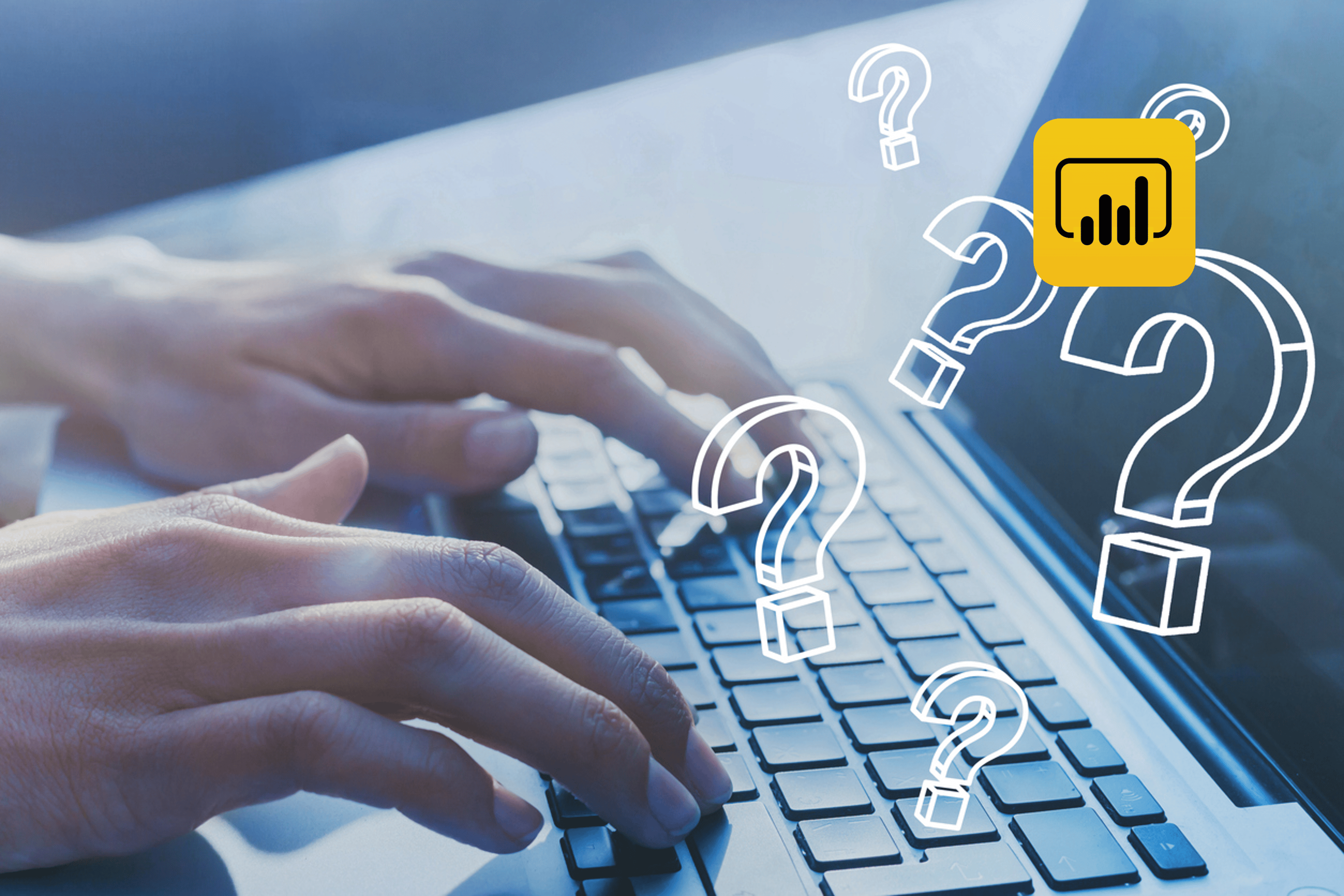 Hands typing on a laptop keyboard with several question marks superimposed over the image. In the top right corner, there is a yellow icon with the Power BI symbol.