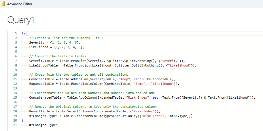 he image shows the Advanced Editor in Power BI with a query named "Query1". The code is written in M language and is used to create a Dimension table with a "Risk Index". The code performs several steps including creating lists, converting them to tables, cross joining the tables, concatenating values, and changing the column type. The code will be available in a downloadable format.