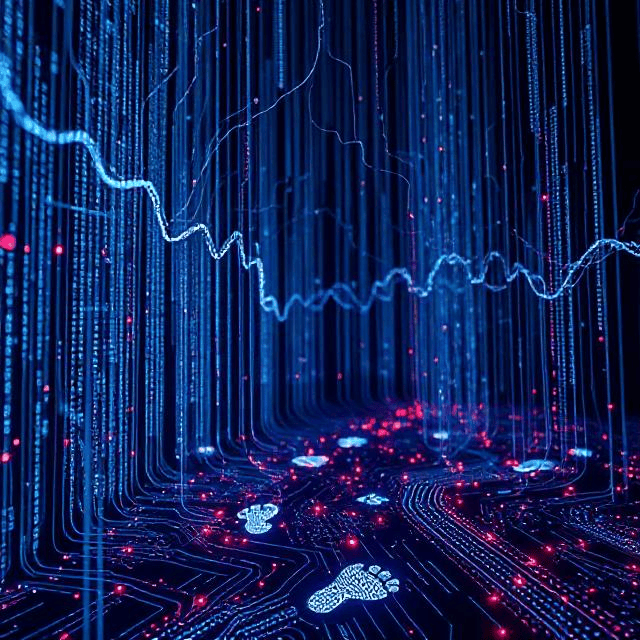 Alt text: A digital artwork depicting a futuristic environment with a high-tech, cybernetic aesthetic. Vertical streams of blue light simulate flowing data, interspersed with glowing red dots. The floor features circuit-like designs and illuminated footprints, enhancing the sense of a virtual, technological world. The overall color palette consists of blue and red hues, creating a dynamic, sci-fi atmosphere.