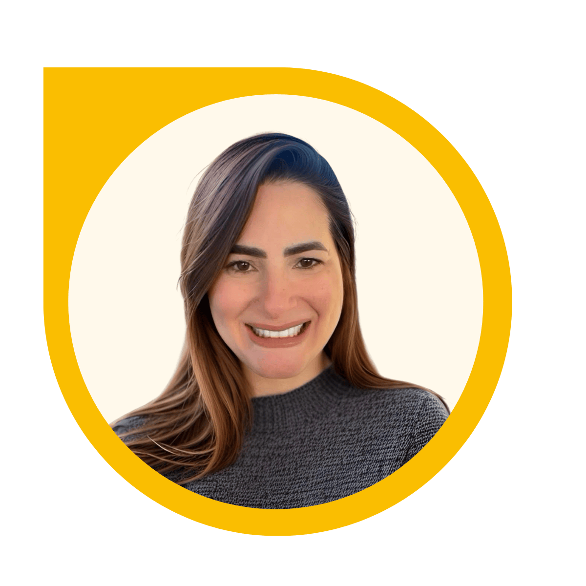 Portrait photo of Juliana Smith in a circular frame with a yellow border. She is wearing a gray knitted sweater and has long, straight brown hair. The background is a plain, light color.