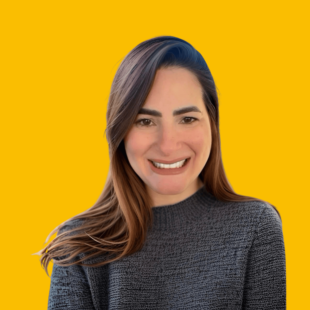 Portrait of Juliana Smith, with long straight brown hair, wearing a dark grey knitted sweater against a plain bright yellow background. The portrait has a calm, professional tone suited for educational or promotional use.