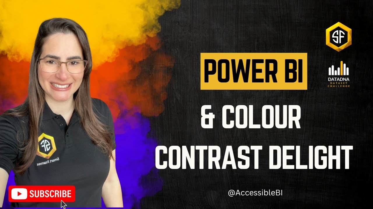YouTube thumbnail: Educational graphic promoting a Power BI tutorial focused on colour contrast and accessibility. A smiling woman wearing a black polo shirt with the “Accessible Fitness” logo and “AF” badge stands against a vibrant background of orange, yellow, purple, and black. Bold black text on a yellow banner reads “POWER BI,” followed by white text “& COLOUR CONTRAST DELIGHT.” Additional elements include the “DATADNA DATA VIZ CHALLENGE” label with a bar chart icon, the social handle “@AccessibleBI,” and a red “SUBSCRIBE” button with a white play icon, inviting viewers to follow the channel. The design highlights inclusive data visualization and accessibility best practices. Click to be directed to the video on YouTube.