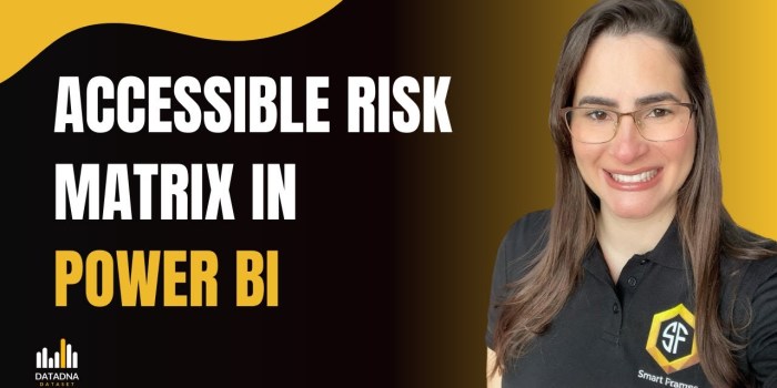 YouTube thumbnail: Promotional graphic for a Power BI tutorial titled “ACCESSIBLE RISK MATRIX IN POWER BI.” A smiling woman wearing glasses and a black polo shirt with the “Smart Frames” logo and “SF” badge stands on the right, set against a gradient yellow and black background. The left side features bold white and yellow text on a black and yellow design. Bottom left corner includes the “DATADNA CHALLENGE” logo, suggesting the content is part of an educational data series. The layout highlights inclusive analytics and accessibility in risk matrix design. Click to be directed to the video on YouTube.