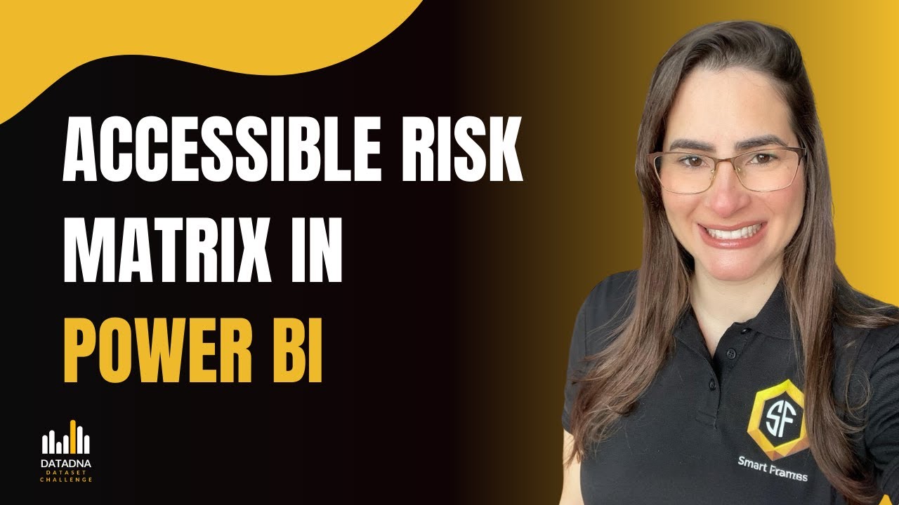 YouTube thumbnail: Promotional graphic for a Power BI tutorial titled “ACCESSIBLE RISK MATRIX IN POWER BI.” A smiling woman wearing glasses and a black polo shirt with the “Smart Frames” logo and “SF” badge stands on the right, set against a gradient yellow and black background. The left side features bold white and yellow text on a black and yellow design. Bottom left corner includes the “DATADNA CHALLENGE” logo, suggesting the content is part of an educational data series. The layout highlights inclusive analytics and accessibility in risk matrix design. Click to be directed to the video on YouTube.