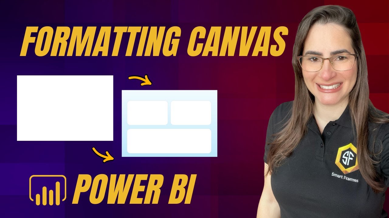 YouTube thumbnail: Promotional graphic for a Power BI tutorial titled “FORMATTING CANVAS.” A smiling woman wearing glasses and a black polo shirt with the “Smart Partners” logo stands on the right, set against a gradient background of dark red and purple squares. On the left, two visual elements show a plain white rectangle and a stylised canvas with three light blue sections, connected by yellow arrows to illustrate a transformation process. Bold yellow text highlights the tutorial’s theme, with “POWER BI” and its logo displayed below. The design introduces viewers to layout formatting techniques in Power BI for clearer, more engaging dashboards. Click to be directed to the video on YouTube.