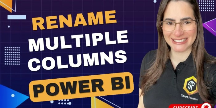 Promotional graphic for a Power BI tutorial titled “RENAME MULTIPLE COLUMNS POWER BI.” A smiling woman wearing glasses and a black shirt with the “Smart Frames” logo stands on the right, set against a dark grid-patterned background with geometric shapes in blue, yellow, and white. Bold white and yellow text highlights the tutorial’s focus. A red “SUBSCRIBE” button with a bell icon appears in the bottom right corner, inviting viewers to follow the channel. The design introduces viewers to efficient column renaming techniques in Power BI, ideal for streamlining data preparation. Click to be directed to the video on YouTube.
