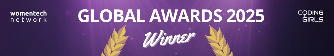 Purple banner announcing ‘Global Awards 2025 Winner’ with laurel branches framing the word ‘Winner’. Logos for WomenTech Network and Coding Girls highlight recognition in global tech and coding communities.