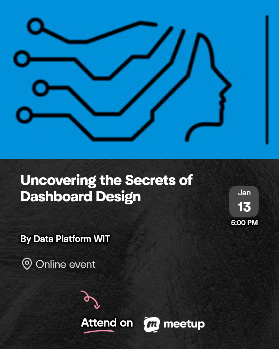 Promotional graphic for an online event titled “Uncovering the Secrets of Dashboard Design,” hosted by Data Platform WIT. The event takes place on January 13 at 5:00 PM and will be held online via Meetup. The design features a stylized human head with circuit-like lines, symbolising data and technology.