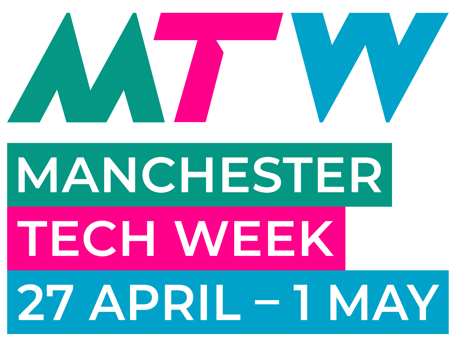 Promotional graphic for Manchester Tech Week. Large letters ‘MTW’ appear in teal, pink, and blue at the top. Below, the text ‘Manchester Tech Week’ is displayed in white on teal and pink blocks. At the bottom, the dates ‘27 April – 1 May’ appear in white on a blue background.