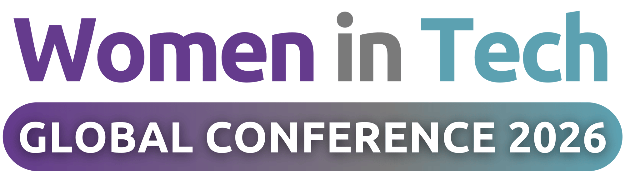 Promotional graphic for the Women in Tech Global Conference 2026, featuring the event title in a purple‑to‑teal gradient on a dark background.