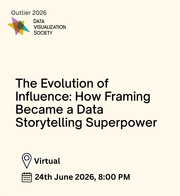 Event poster for “Outlier 2026 – Data Visualization Society” featuring the title “The Evolution of Influence: How Framing Became a Data Storytelling Superpower.” The event is marked as virtual and scheduled for 24th June 2026 at 8:00 PM. The design includes a beige background with a thin gold border, a multicolored abstract star logo near the top, and black text in a clean, modern layout.