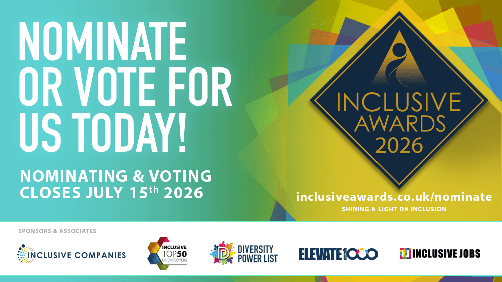 Promotional graphic for the Inclusive Awards 2026. Large text reads “Nominate or vote for us today!” with a note that nominating and voting closes July 15th, 2026. On the right is the Inclusive Awards 2026 logo in a dark blue diamond shape. The background is a layered mix of green, yellow, and blue shapes. Along the bottom are sponsor logos including Inclusive Companies, Inclusive Top 50 UK Employers, Diversity Power List, Elevate 1000, and Inclusive Jobs, with a web address for nominations.