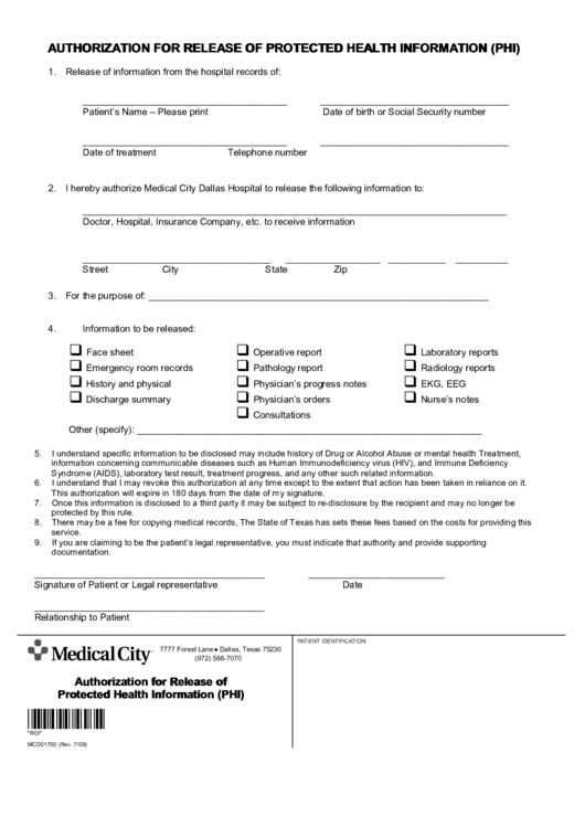 Fillable authorization for release of protected health information (phi) printable pdf download